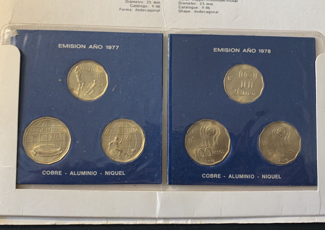 紫瑗钱币—微拍第75期  阿根廷 1977 1978年 世界杯 20 50 100比索 共6枚 铜币 卡装