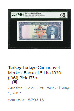 【收藏联盟】第140期拍卖——丰收的喜悦（共50拍） 【非常稀少】土耳其 1961年 早期年份 p173a 5里拉 PMG64EPQ 原票 