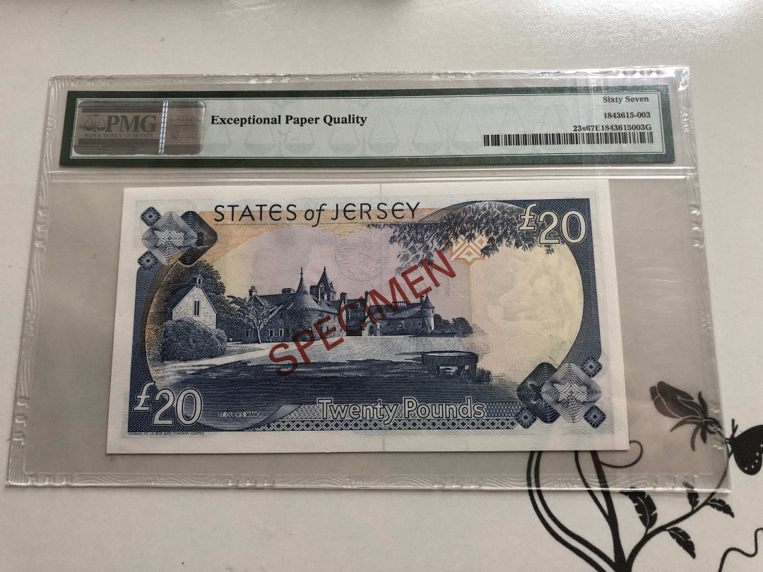 【收藏联盟】第140期拍卖——丰收的喜悦（共50拍） 【样钞】泽西 1993年 20镑 PMG67EPQ 女王纸币