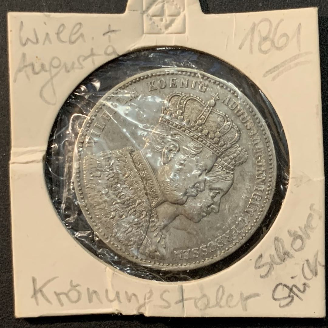 紫瑗钱币—微拍第75期  德国 普鲁士 1861年 威廉一世登基 1泰勒 18.52克 0.9银