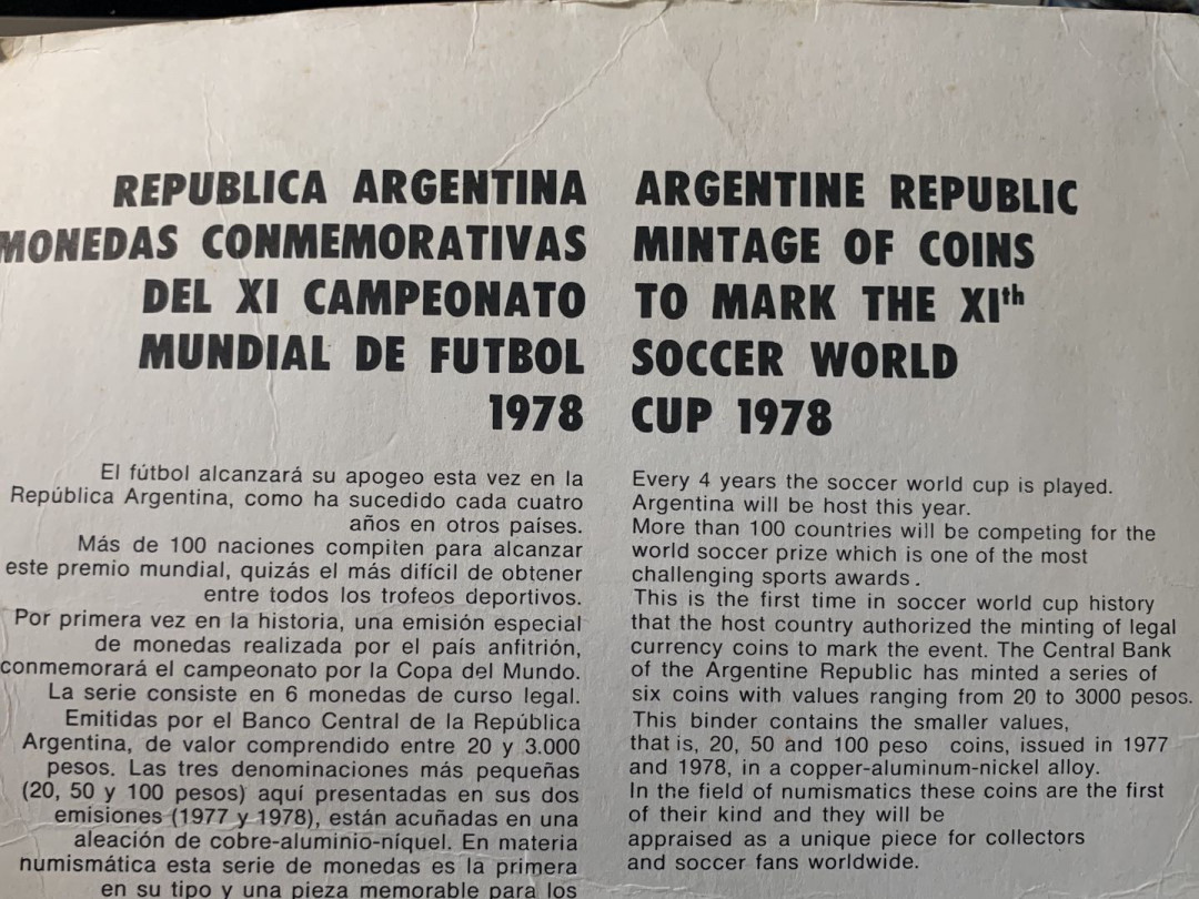 紫瑗钱币—微拍第75期  阿根廷 1977 1978年 世界杯 20 50 100比索 共6枚 铜币 卡装