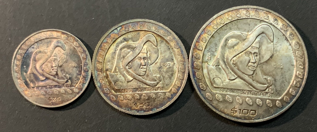 紫瑗钱币—微拍第75期  墨西哥 1992年 鹰人 25 50 100比索 3枚一组 共54.43克 0.999银