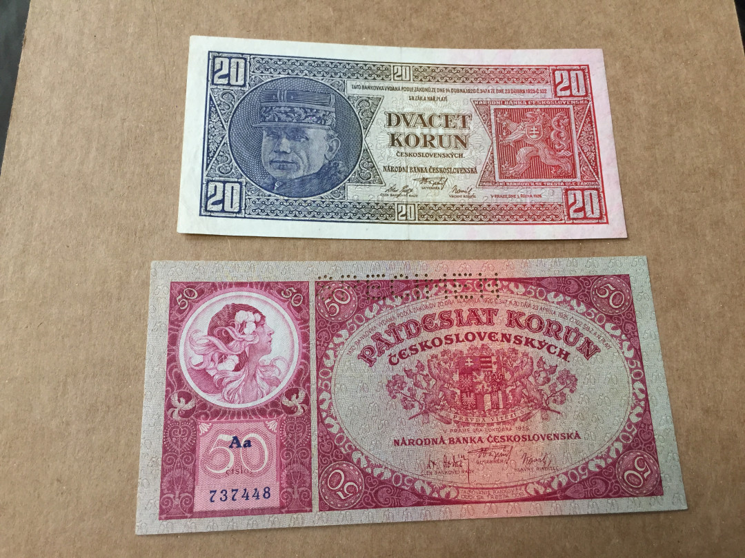 【收藏联盟】第140期拍卖——丰收的喜悦（共50拍） 【一组2张】捷克斯洛伐克 1929年 50克朗 样钞 XF品相 &1926年 20克朗 实钞 XF品相