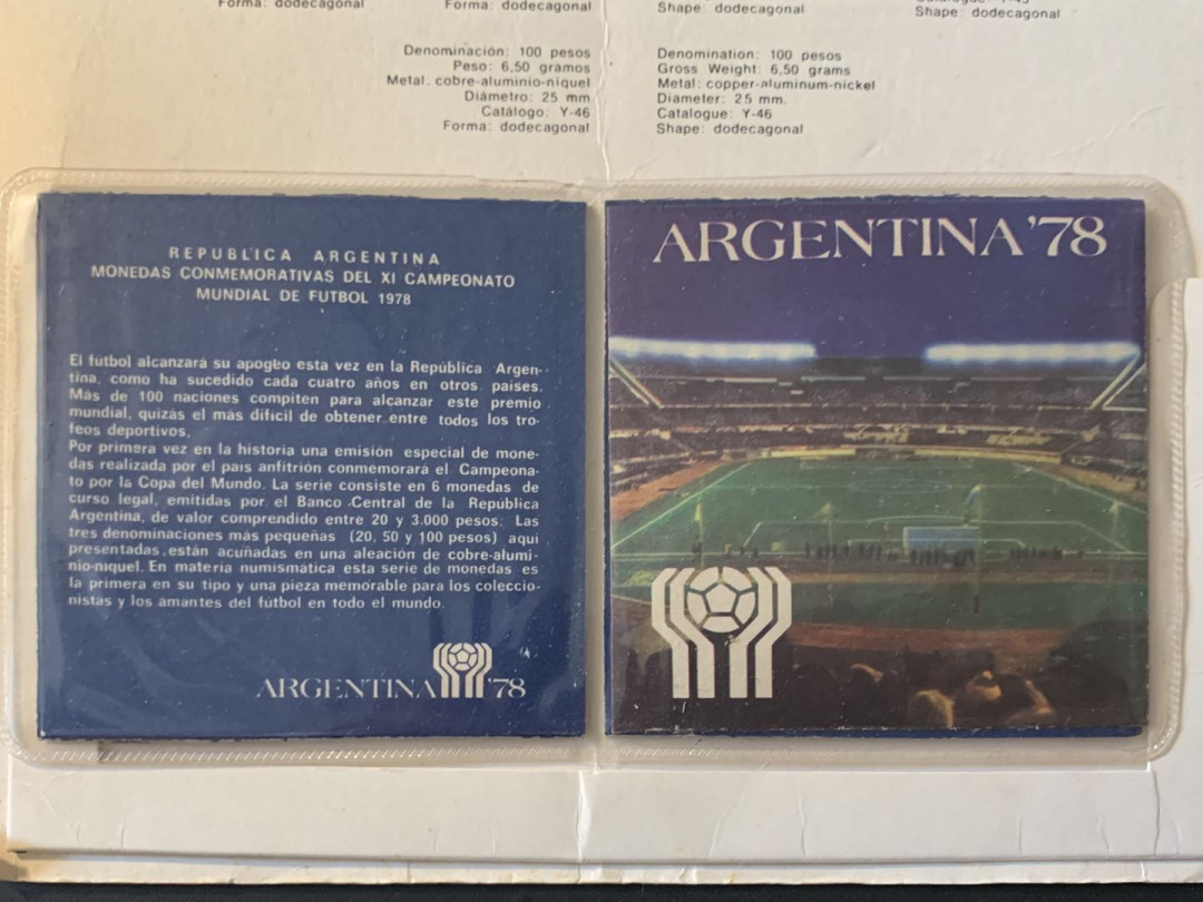 紫瑗钱币—微拍第75期  阿根廷 1977 1978年 世界杯 20 50 100比索 共6枚 铜币 卡装