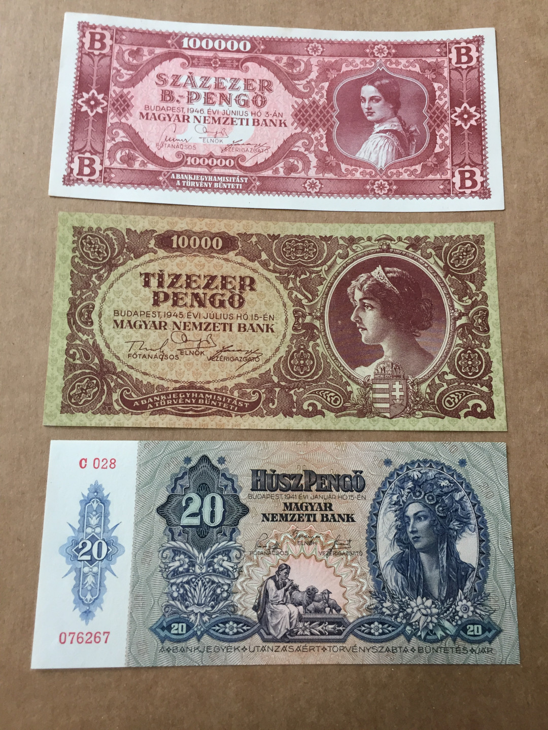 【收藏联盟】第140期拍卖——丰收的喜悦（共50拍） 【一组3张】匈牙利 20潘哥、10000潘哥、100000潘哥 全新UNC 美女 漂亮