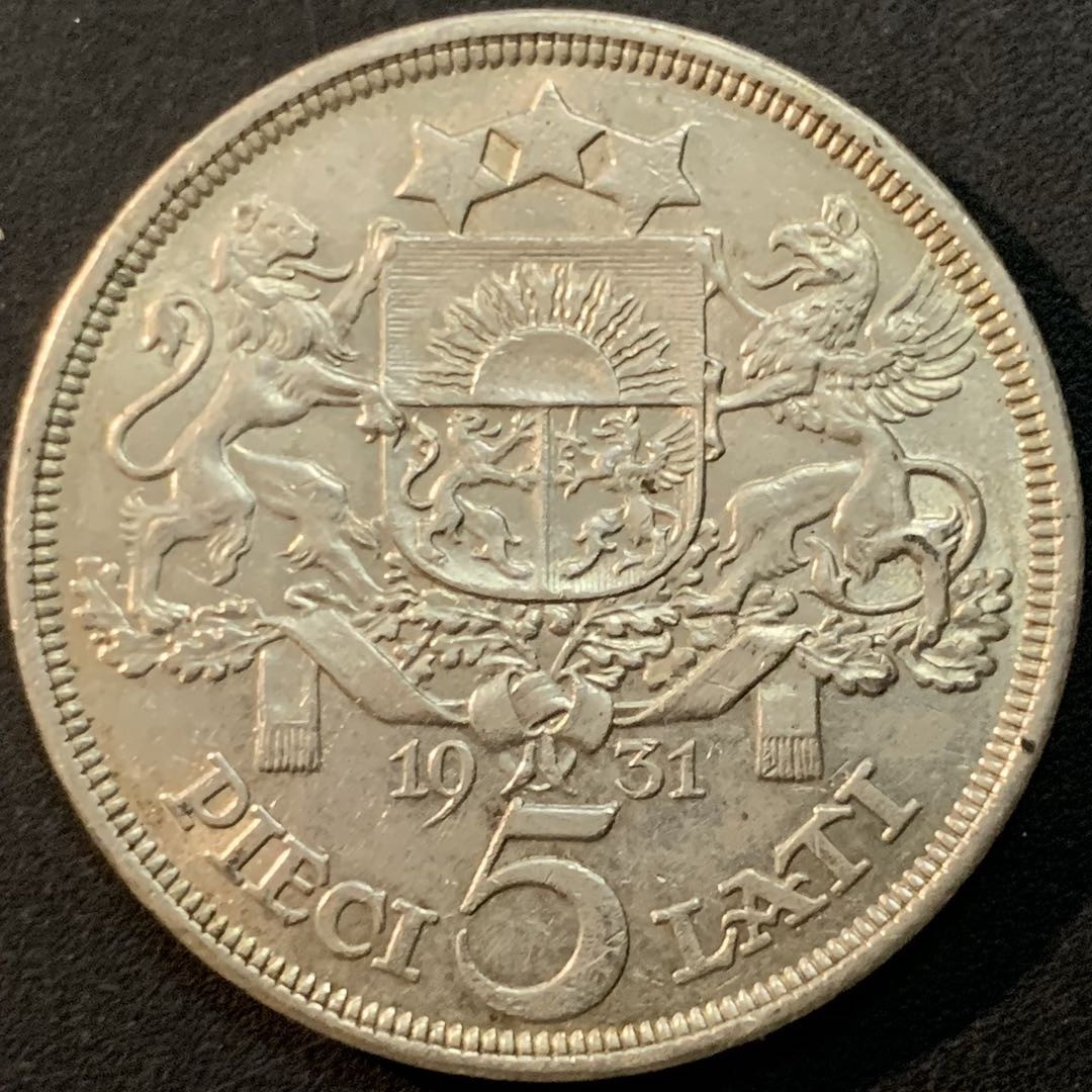 紫瑗钱币—微拍第65期  拉脱维亚 1931年 女神 5拉特 25克 0.835银
