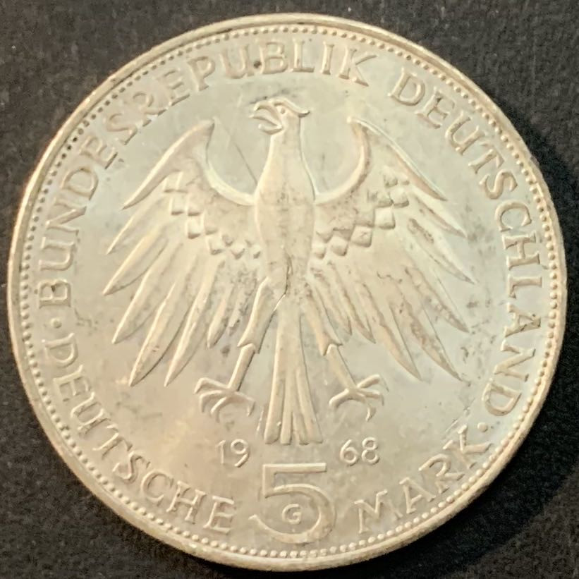 紫瑗钱币—微拍第66期  德国 1968年 G厂 古登贝格500周年 5马克 11.2克 0.625银