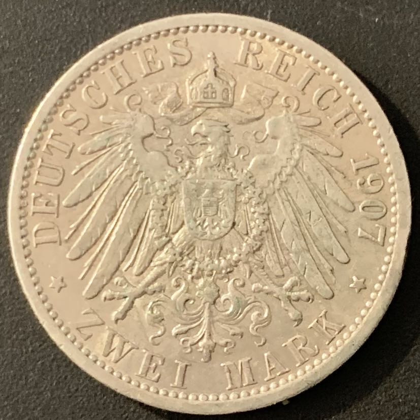 紫瑗钱币—微拍第66期  德国 普鲁士 1907年 威廉二世 2马克 11.11克 0.9银