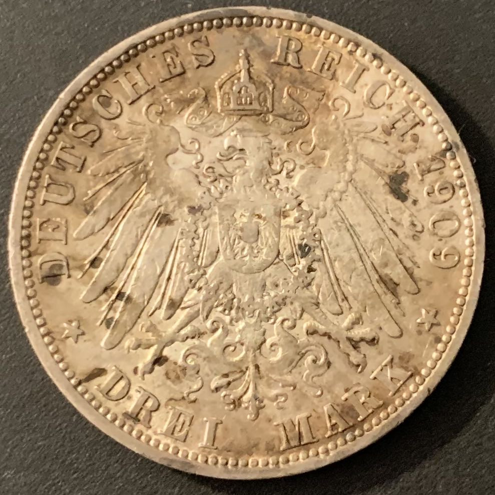 紫瑗钱币—微拍第66期  德国 普鲁士 1909年 威廉二世 3马克 16.667克 0.9银