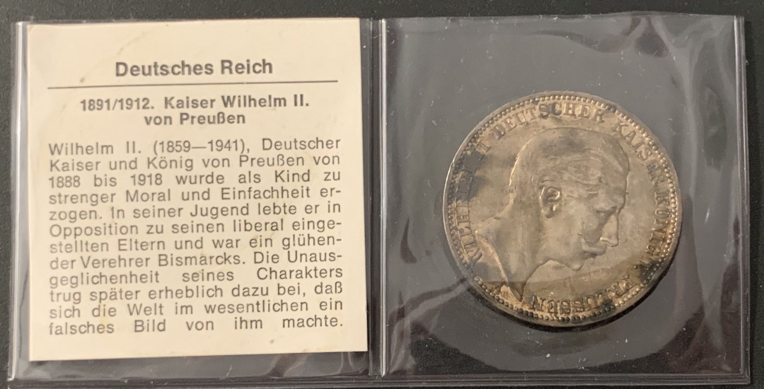 紫瑗钱币—微拍第66期  德国 普鲁士 1909年 威廉二世 3马克 16.667克 0.9银