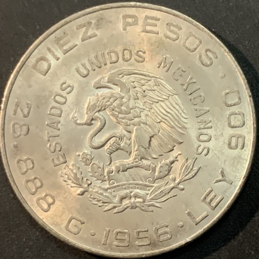 紫瑗钱币—微拍第66期  墨西哥 1956年 伊达尔戈 10比索 28.88克 0.9银