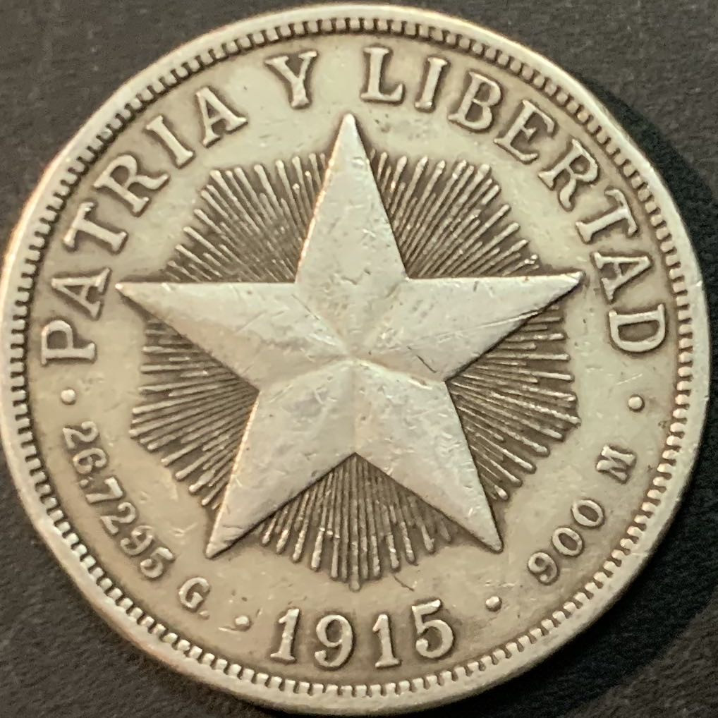 紫瑗钱币—微拍第66期  古巴 1915年 五角星 1比索 26.73克 0.9银 少年份