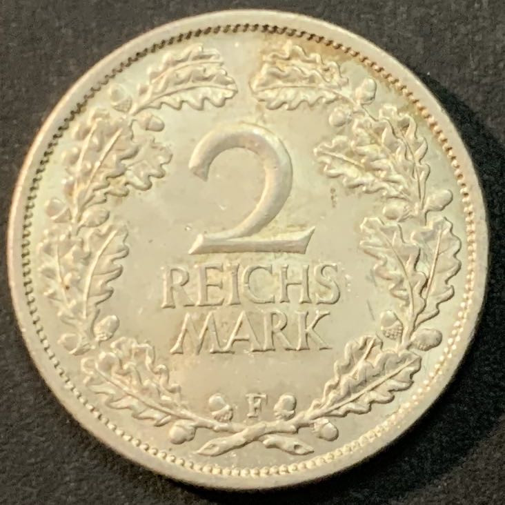 紫瑗钱币—微拍第66期  德国 1926年 魏玛时期 2马克 10克 0.5银 BU