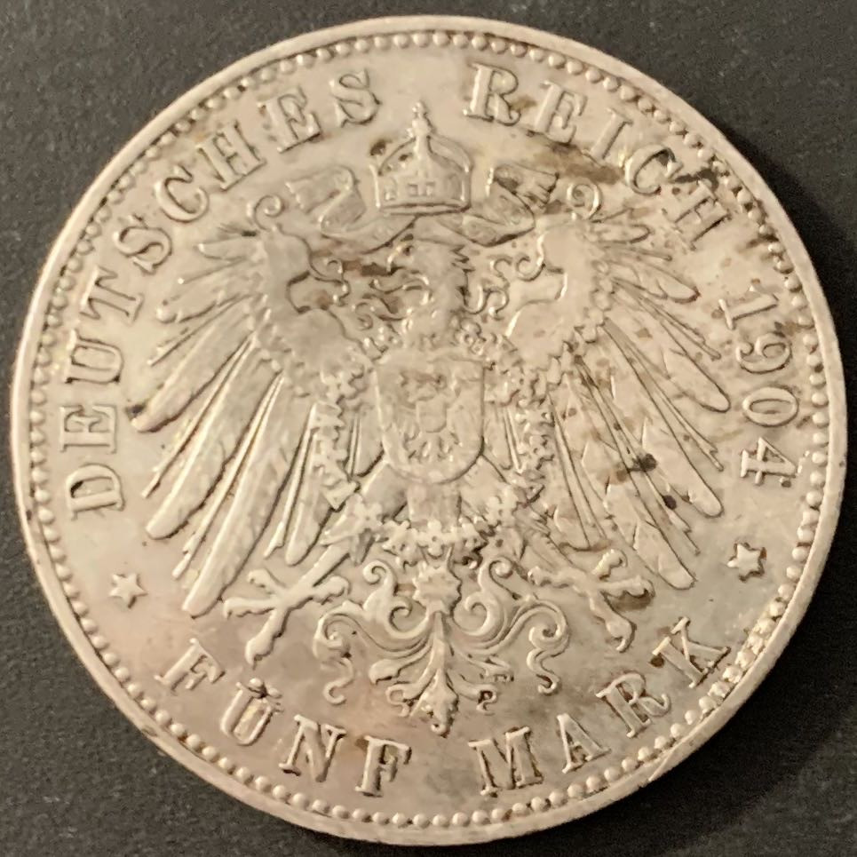 紫瑗钱币—微拍第66期  德国 普鲁士 1904年 威廉二世 5马克 27.77克 0.9银