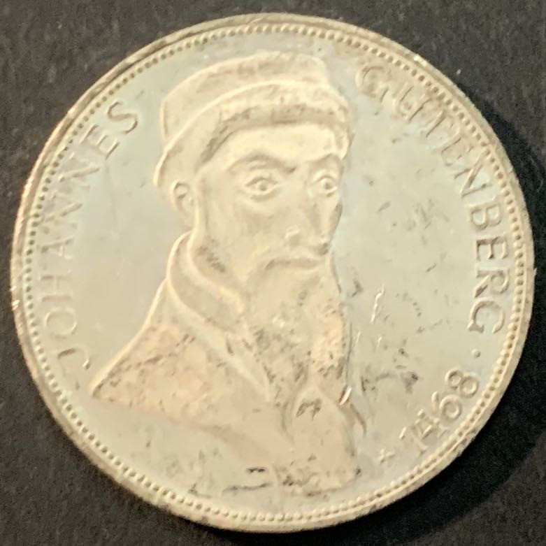 紫瑗钱币—微拍第66期  德国 1968年 G厂 古登贝格500周年 5马克 11.2克 0.625银