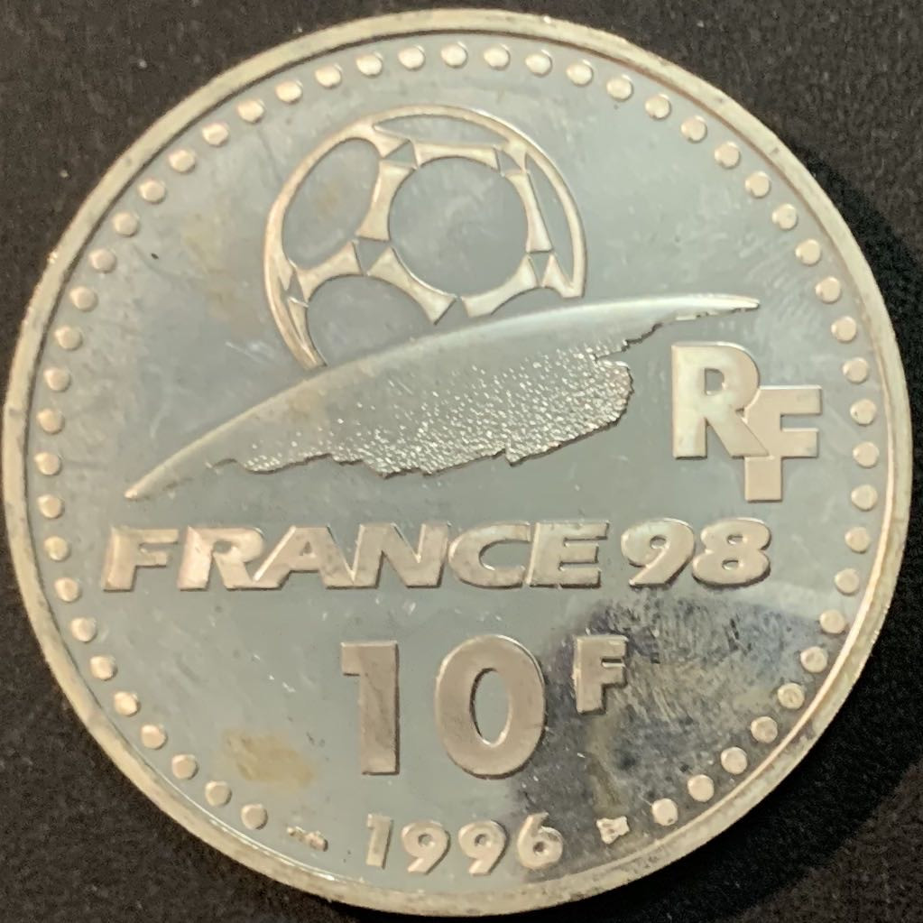 紫瑗钱币—微拍第66期  法国 1997年 法国世界杯 破门 10法郎 21.16克 0.9银 精制