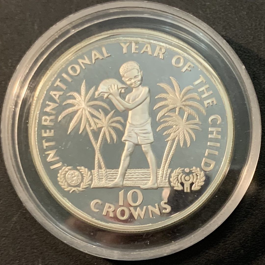 紫瑗钱币—微拍第66期  特克斯与凯恩斯  1982年 国际儿童年 10克朗 23.28克 0.925银 精制