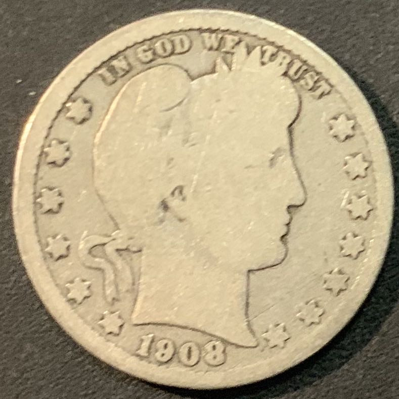 紫瑗钱币—微拍第66期  美国 1908年 巴贝尔 25美分 6.25克 0.9银