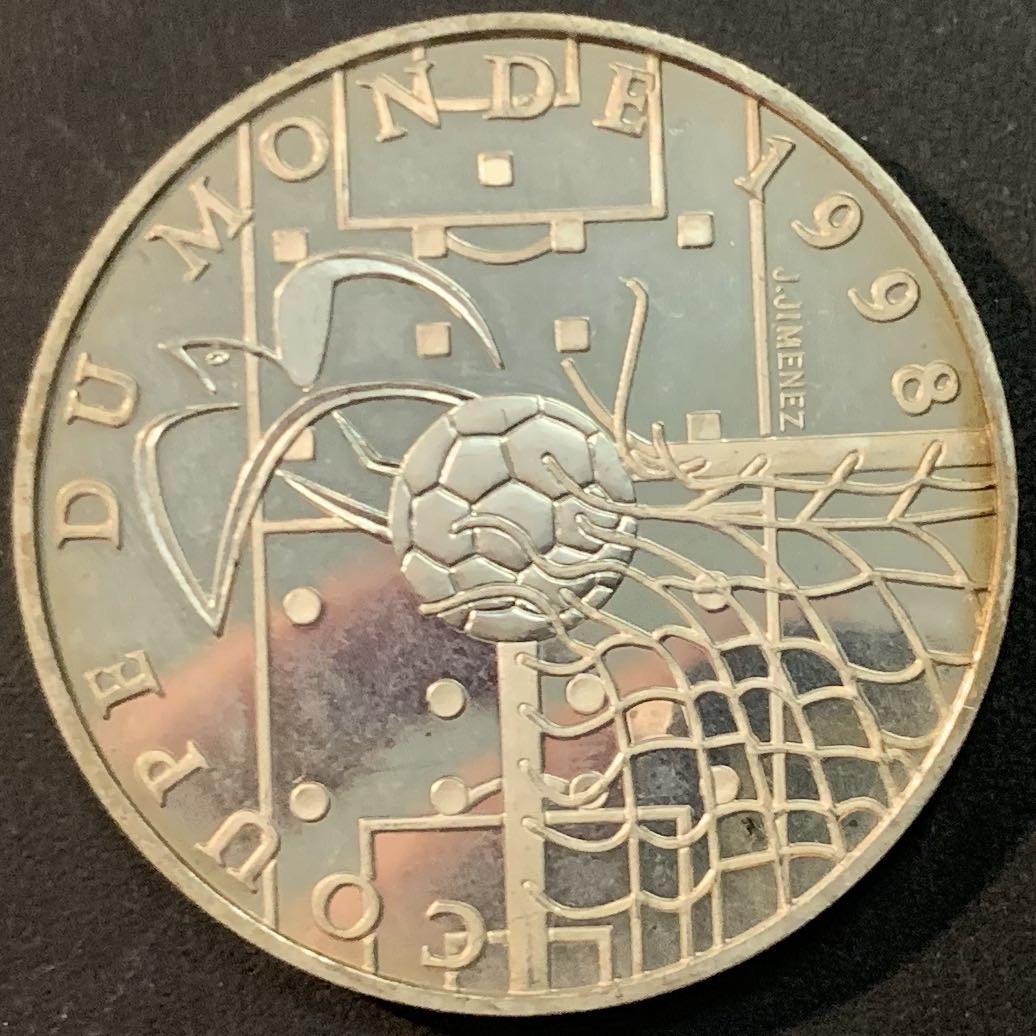 紫瑗钱币—微拍第66期  法国 1997年 法国世界杯 破门 10法郎 21.16克 0.9银 精制