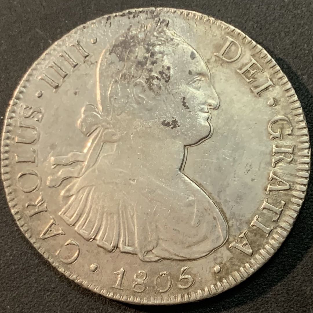 紫瑗钱币—微拍第66期  墨西哥 1805年 MO TH 人像双柱 卡洛斯4世 8里亚尔 27.06克 0.896银 复打 AU品质