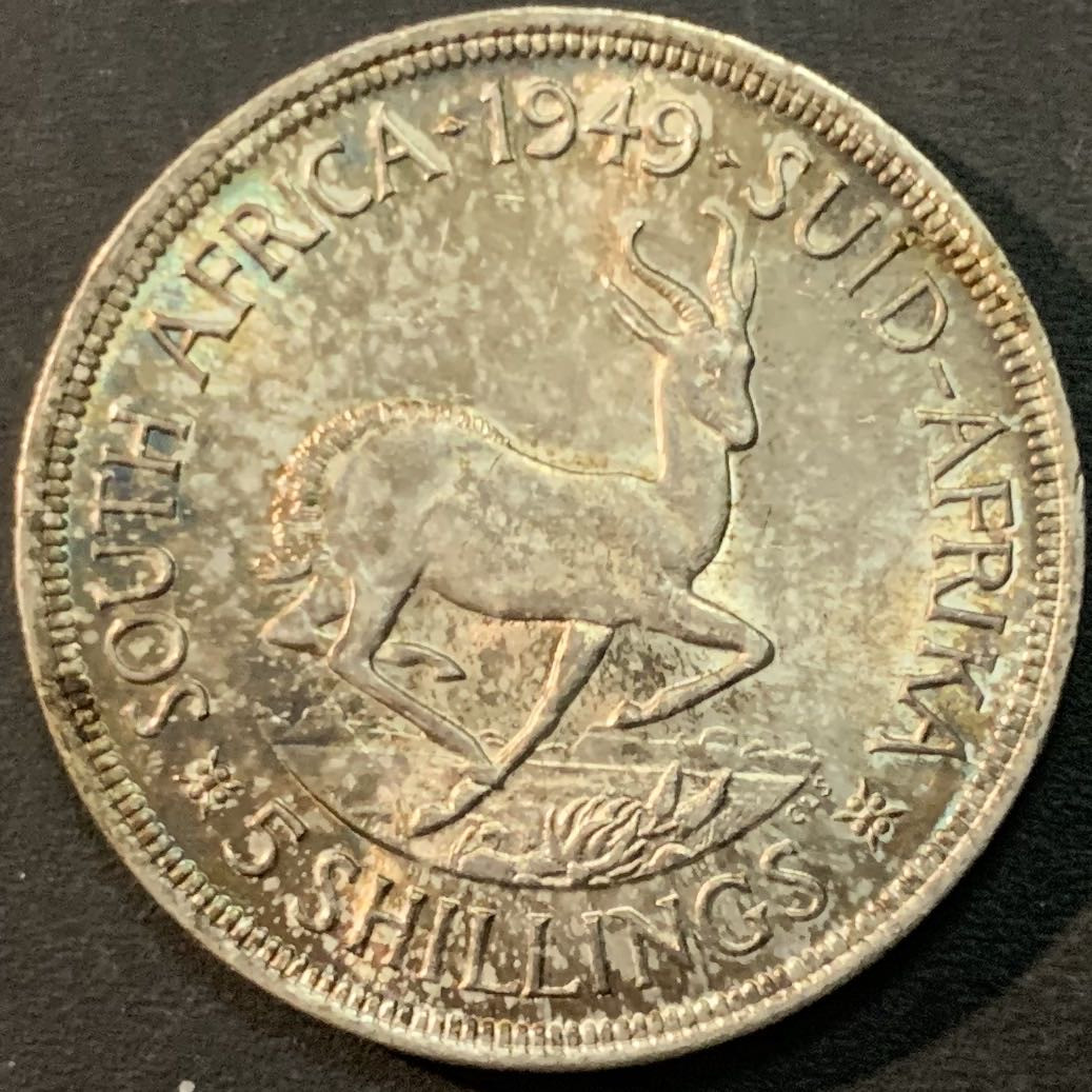 紫瑗钱币—微拍第66期  南非 1949年 乔六 羚羊 5先令 28.28克 0.8银 UNC