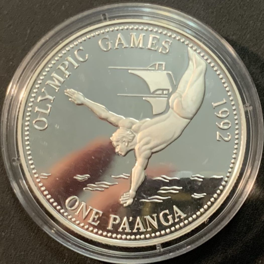 紫瑗钱币—微拍第66期  汤加 1991年 92巴塞罗那奥运会  跳水 1 潘加 31.6克 0.925银 精制