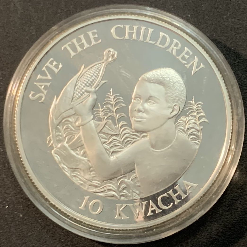 紫瑗钱币—微拍第66期  赞比亚 1989年 拯救儿童基金会70周年 10克瓦查 27.22克 0.925银 精制