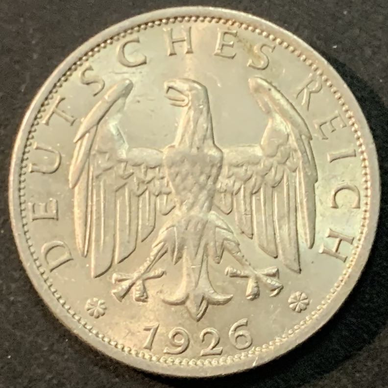紫瑗钱币—微拍第66期  德国 1926年 魏玛时期 2马克 10克 0.5银 BU