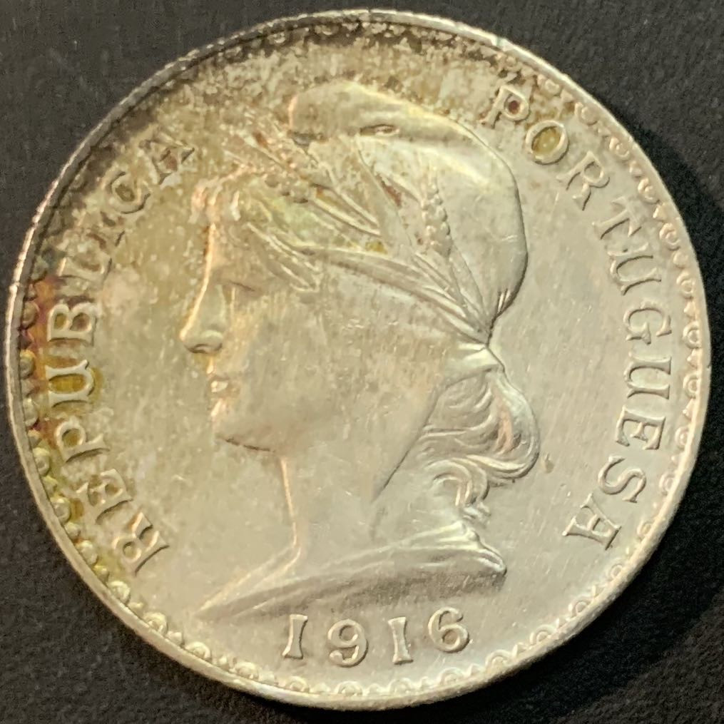 紫瑗钱币—微拍第66期  葡萄牙 1916年 自由女神 1埃斯库多 25克 0.835银 AU品质