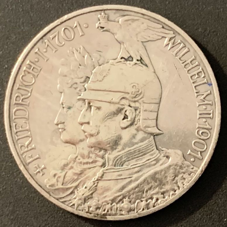 紫瑗钱币—微拍第66期  德国 普鲁士 1901年 建国200周年 2马克 11.11克 0.9银