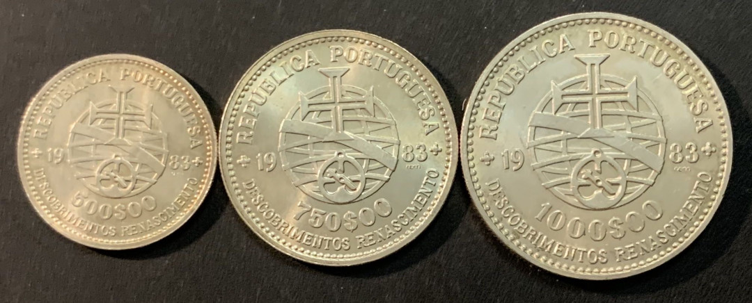 紫瑗钱币—微拍第66期  葡萄牙 1983年 17届欧洲博览会 500 750 1000埃斯库多 三枚 共40.5克 0.835银 BU