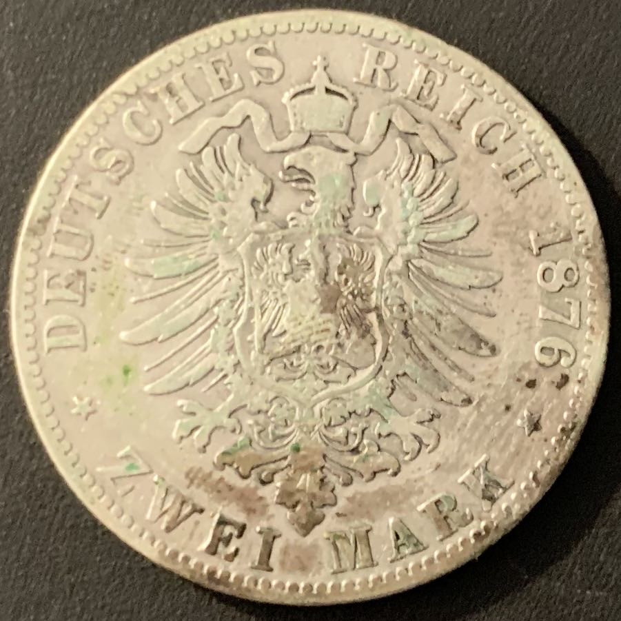 紫瑗钱币—微拍第66期  德国 普鲁士 1876年 A版 威廉一世 2马克 11.11克 0.9银