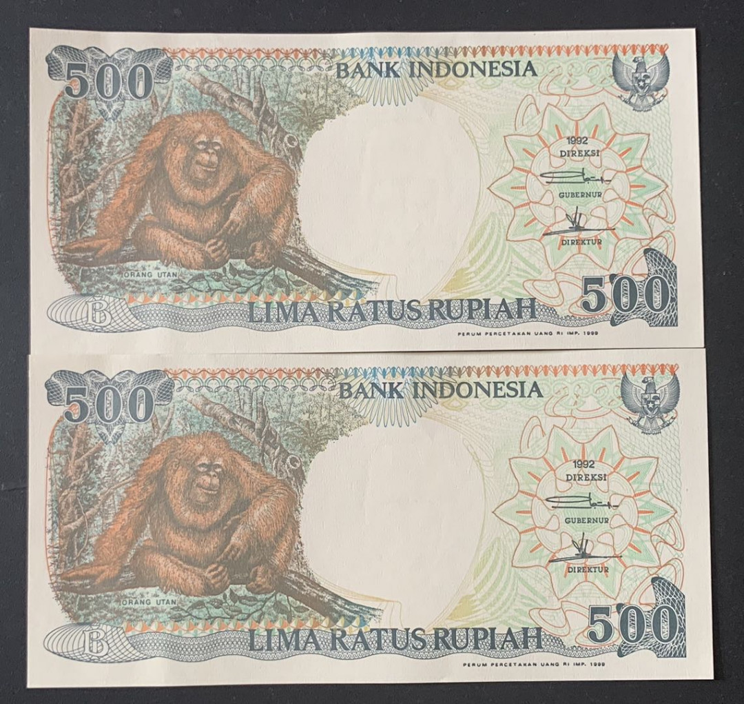 紫瑗钱币—微拍第67期—纸币场 印度尼西亚 1992年 印度尼西亚银行 大猩猩 500卢比 2枚一组 UNC P-129h