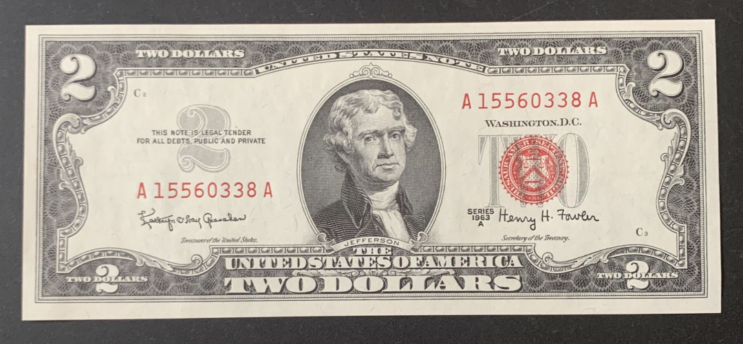 紫瑗钱币—微拍第67期—纸币场 美国 1963年 托马斯·杰斐逊 2美元 红印 UNC P-382a