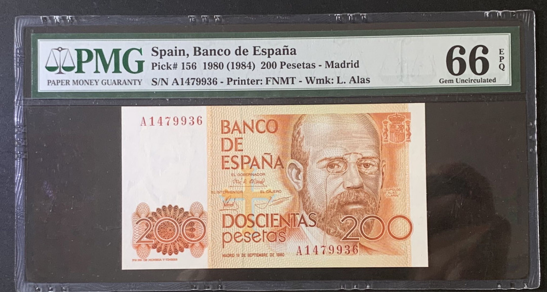 紫瑗钱币—微拍第67期—纸币场 西班牙 1980（1984） 200比塞塔 PMG 66 EPQ 