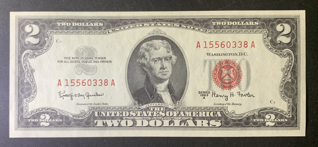 紫瑗钱币—微拍第67期—纸币场 美国 1963年 托马斯·杰斐逊 2美元 红印 UNC P-382a
