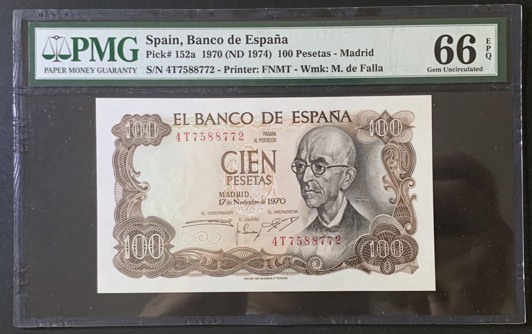 紫瑗钱币—微拍第67期—纸币场 西班牙 1970（1974）100比塞塔 PMG 66 EPQ