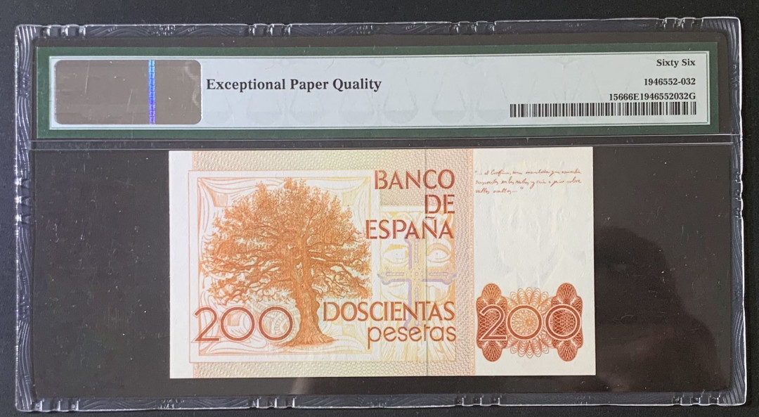紫瑗钱币—微拍第67期—纸币场 西班牙 1980（1984） 200比塞塔 PMG 66 EPQ 