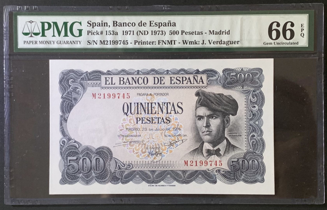 紫瑗钱币—微拍第67期—纸币场 西班牙 1971年 (1973) 维达格尔 500比塞塔 PMG 66 EPQ