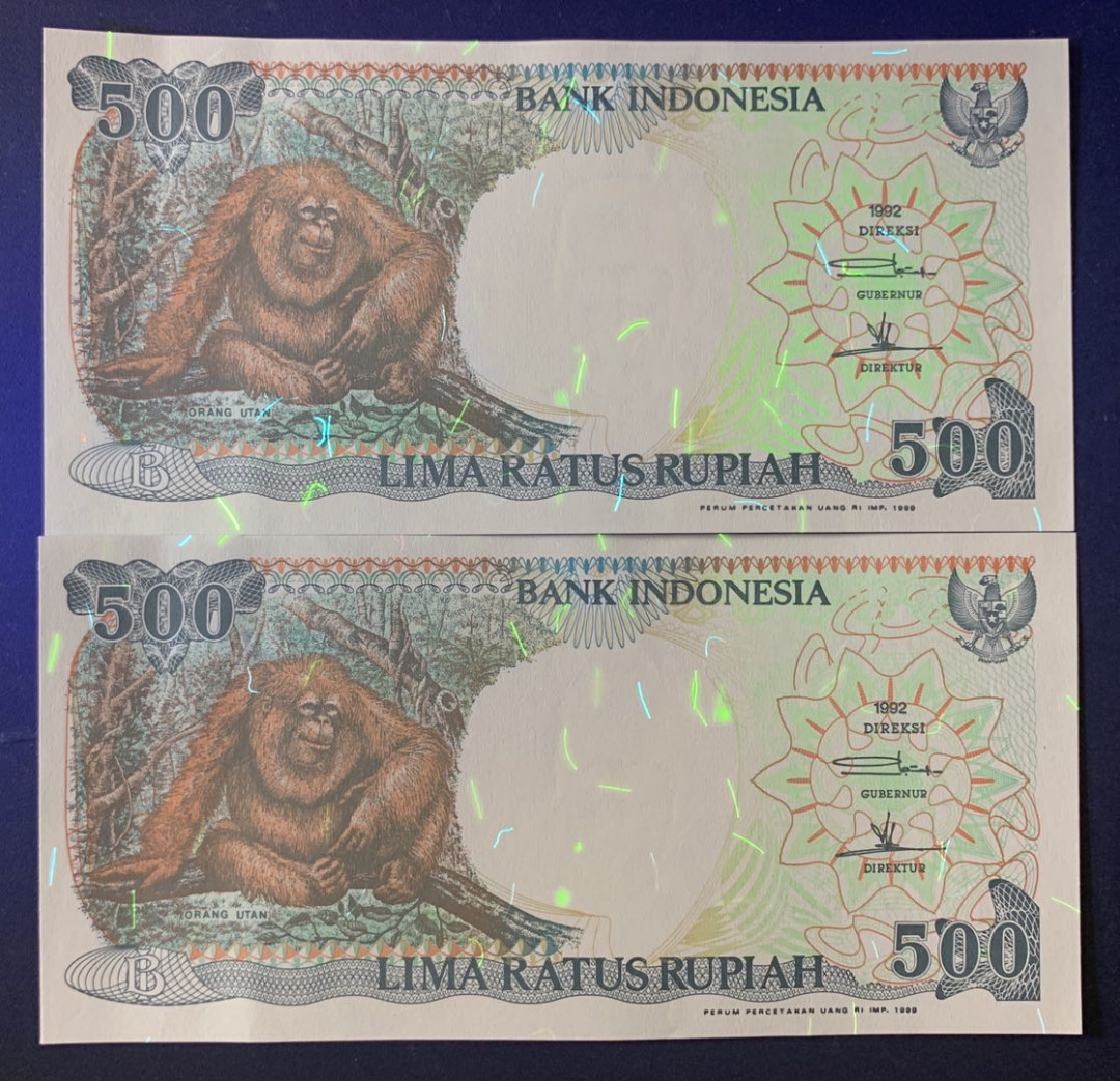 紫瑗钱币—微拍第67期—纸币场 印度尼西亚 1992年 印度尼西亚银行 大猩猩 500卢比 2枚一组 UNC P-129h