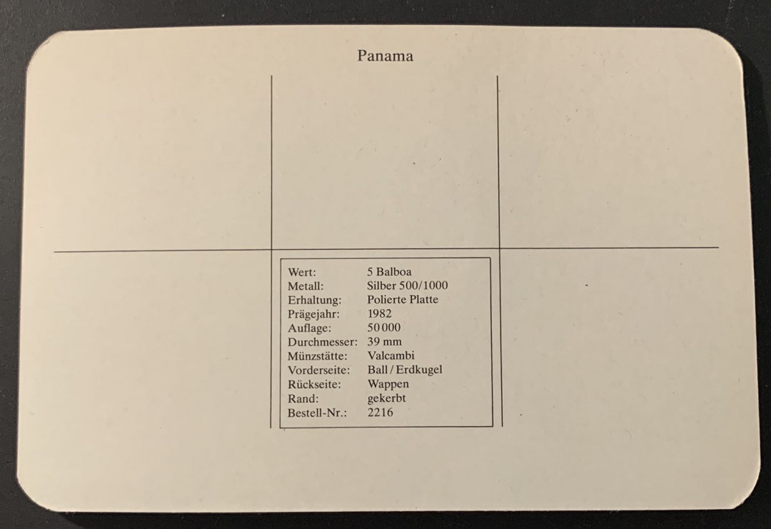 紫瑗钱币—微拍第68期  巴拿马 1982年 西班牙世界杯 5巴波亚 24.16克 0.925银 精制 德国原装卡
