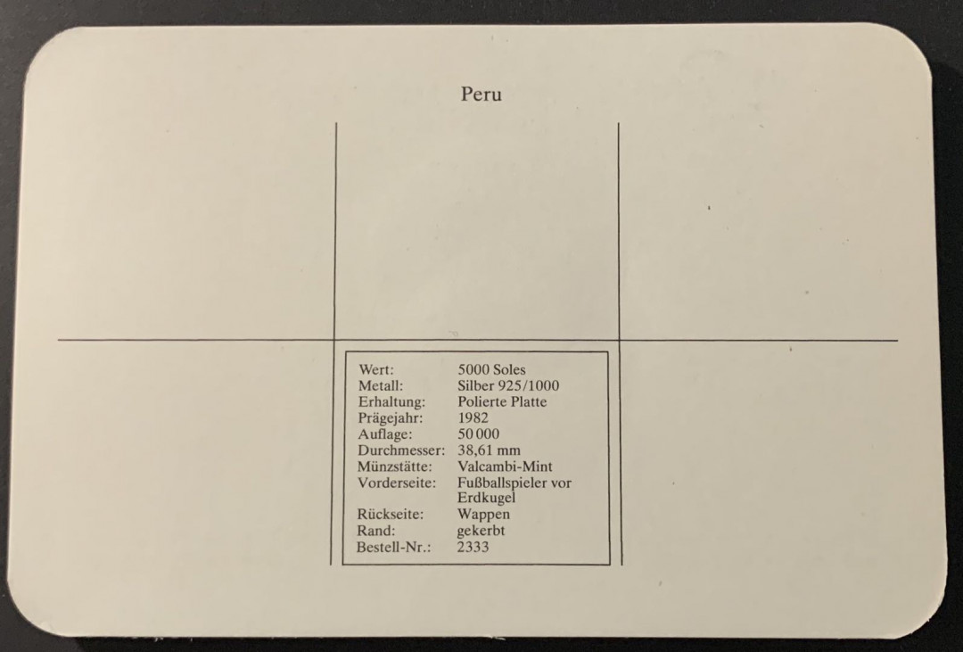 紫瑗钱币—微拍第68期  秘鲁 1982年 西班牙世界杯 守门 5000索尔  23.37克 0.925银 精制 德国原装卡