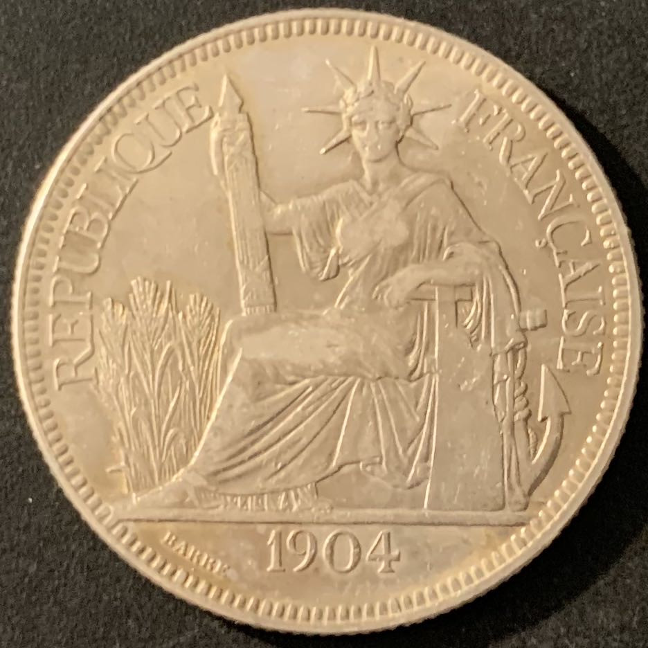 紫瑗钱币—微拍第68期  法属印度支那 1904年 1皮阿斯特 坐洋 27克 0.9银 XF品质