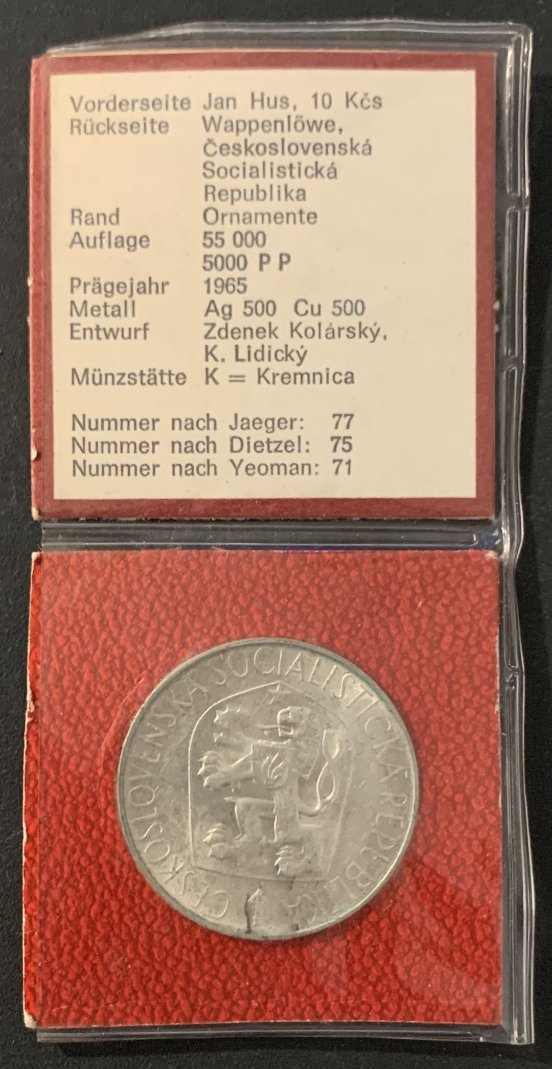 紫瑗钱币—微拍第68期  捷克斯洛伐克 1965年 简·胡斯逝世550周年 10克朗 12克 0.5银 原包装