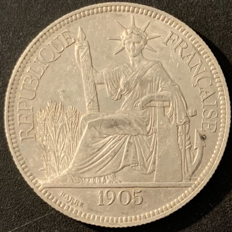 紫瑗钱币—微拍第68期  法属印度支那 1905年 1皮阿斯特 坐洋 27克 0.9银 AU品质