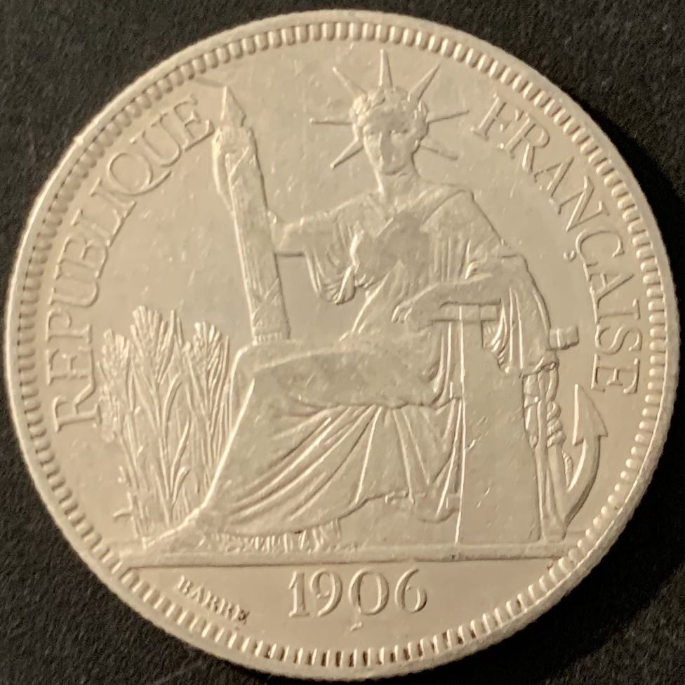 紫瑗钱币—微拍第68期  法属印度支那 1906年 1皮阿斯特 坐洋 27克 0.9银 XF品质