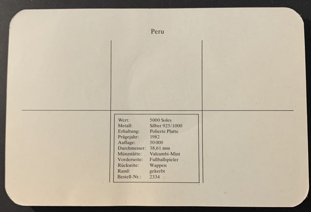 紫瑗钱币—微拍第68期  秘鲁 1982年 西班牙世界杯 带球 5000索尔 23.37克 0.925银 精制 德国原装卡