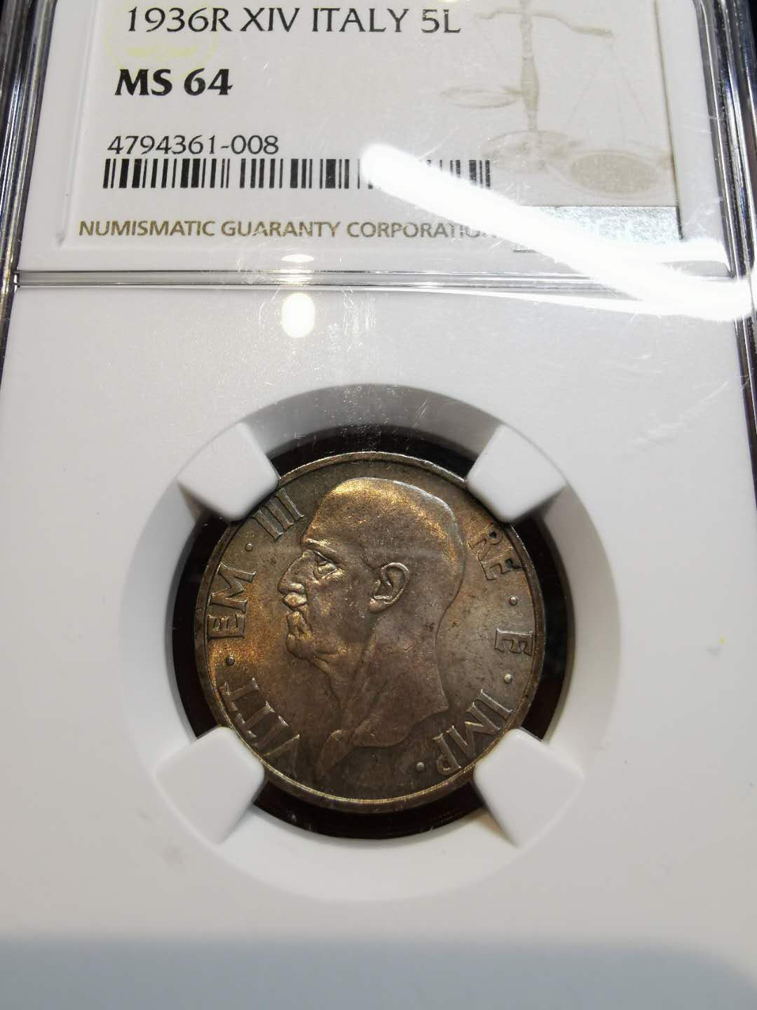凡希社世界钱币微拍第一百二十一期 1936意大利法西斯版母与子5里拉NGC-MS64粉彩包浆！