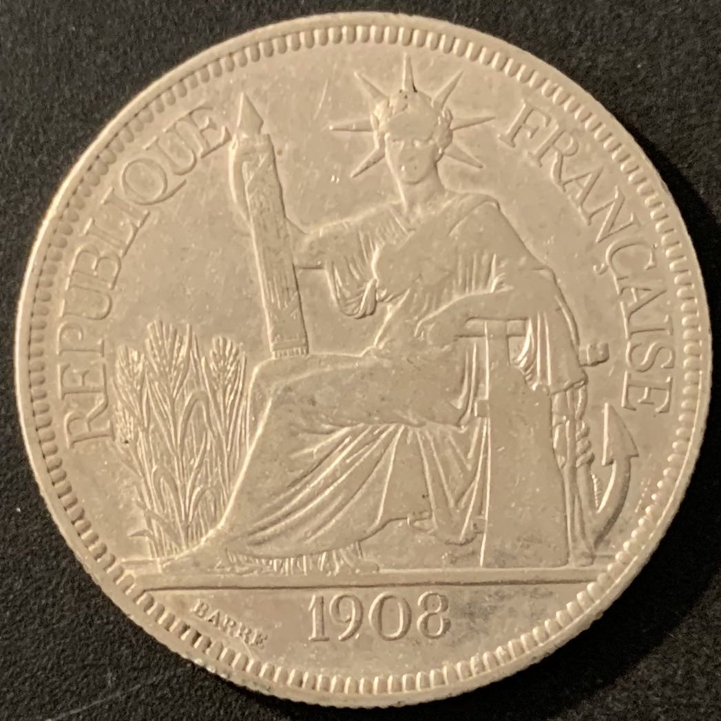 紫瑗钱币—微拍第68期  法属印度支那 1908年 1皮阿斯特 坐洋 27克 0.9银 XF品质