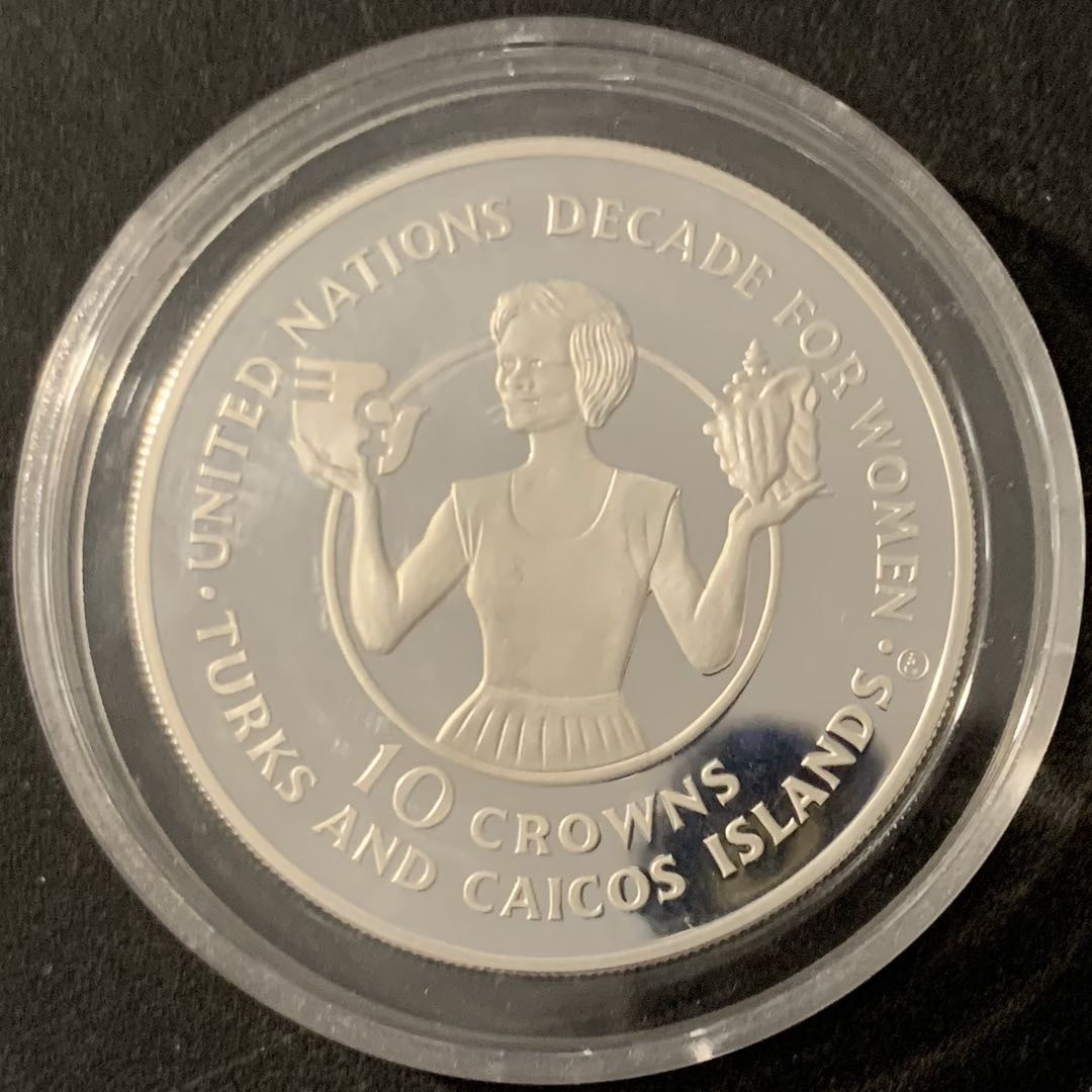 紫瑗钱币—微拍第68期  特克斯与凯恩斯  1985年 国际妇女年 10克朗 23.28克 0.925银 精制